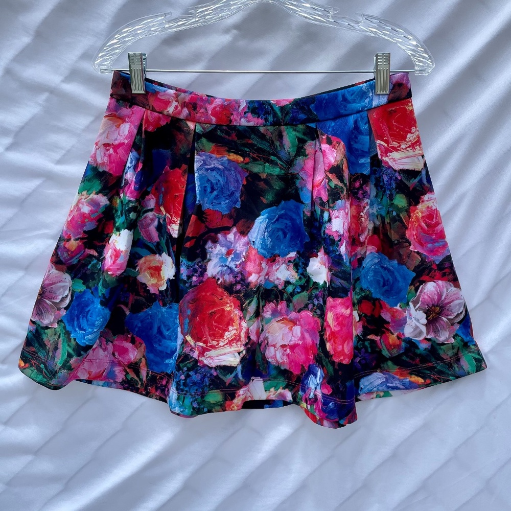 Express Colorful Floral Pleated High Waisted Skirt
